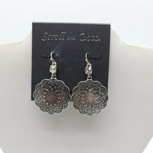 Scroll And Dots Silver Mandala Drop Earrings With Rhinestone Accents 2 Inches